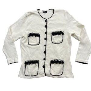 Elaris‎ Large Cream Black Cardigan Button Closure 100% Rayon (slight mark )